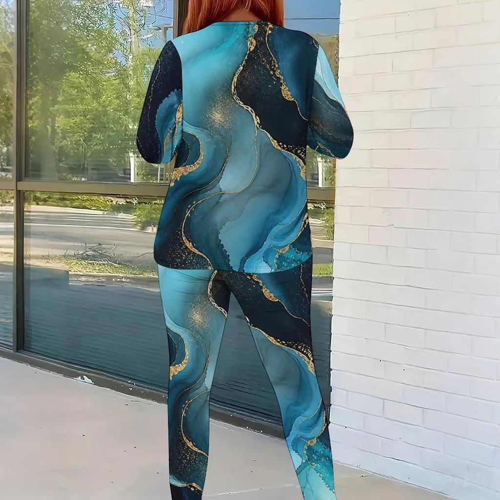 Women Plus Size Two Piece Set Round Neck Long Sleeve Black Gold Printed Top Fitted Pants