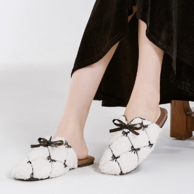 Fashion Sweet Bow Decorative Home Slippers Women Fashion Plaid Fluffy Design Cotton Slippers Comfortable Non-slip Flat Modern Slippers