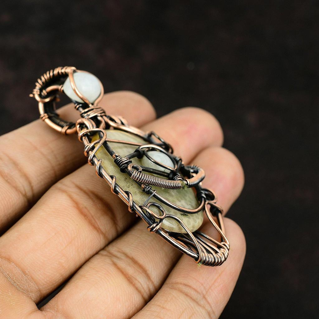 Evil Eye Fossil Coral Gemstone Copper Wrapped Pendant Rainbow Moonstone Handmade Pendant Evil Eye Jewelry Wire Wrapped Jewelry Gift For Her