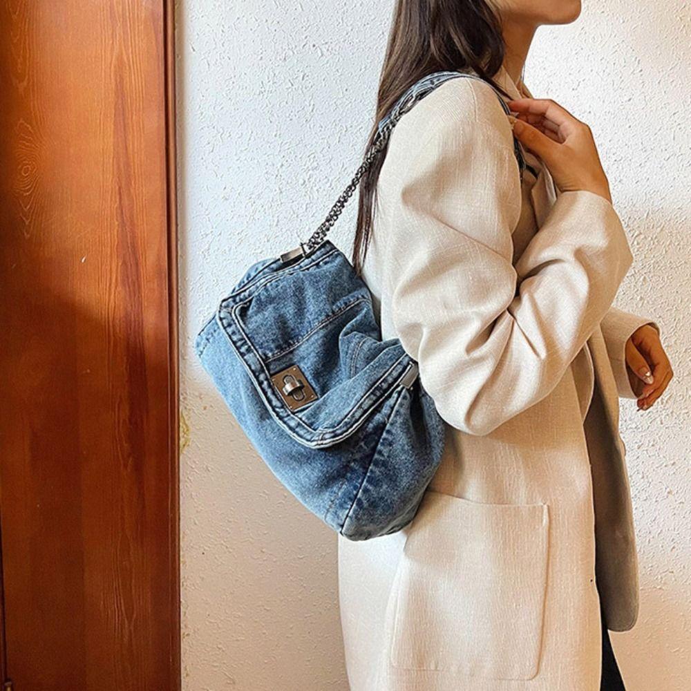 Street Style Denim Canvas Bag Shoulder Bag Solid Crossbody Bag Casual Vintage Handbag  Streetwear
