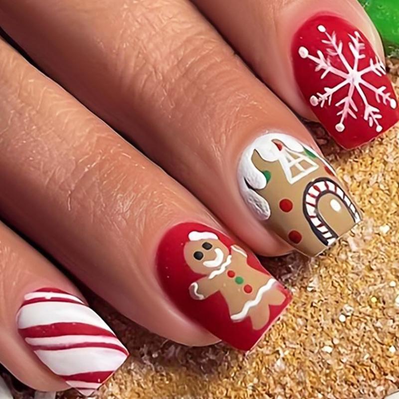 

Christmas Nail Designs Set With Snowman And Snowflake Press on Nails Fashion Short Square False Naisl Stick on Nail 1