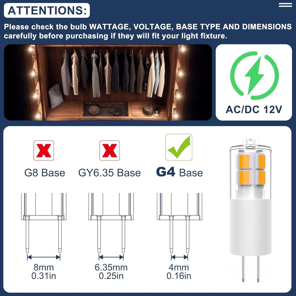 G4 LED Bulb 12V 3W Warm White - 6-Pack, Low Voltage Landscape Light Bulbs, JC Bi-Pin Base, Energy-Efficient 20W to 30W Halogen Replacement