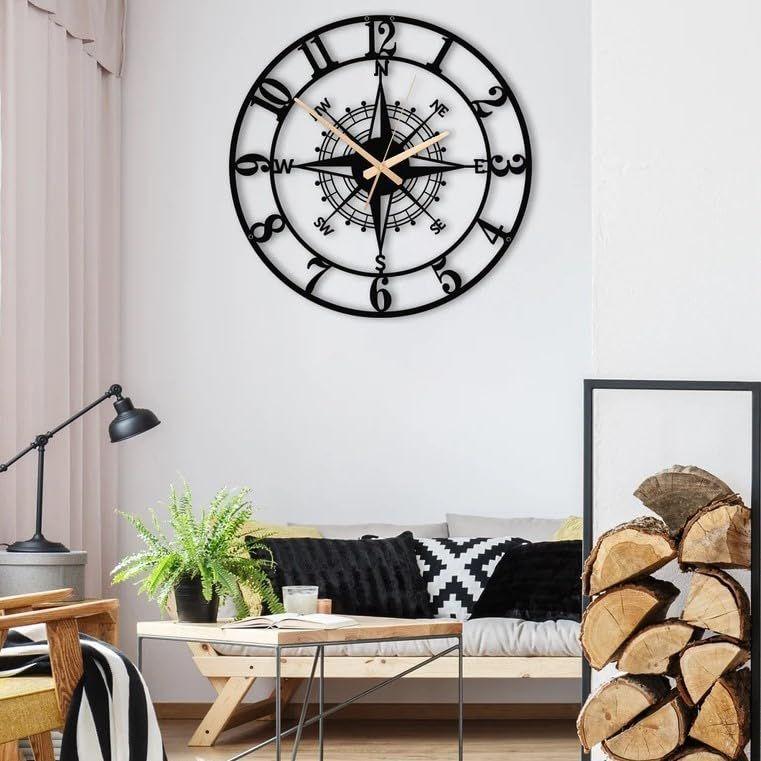 Large World Map Wall Clock, Metal Minimalist Modern Clock, Round Silent Non-Ticking Battery Operated Wall Clocks for Living Room/Home