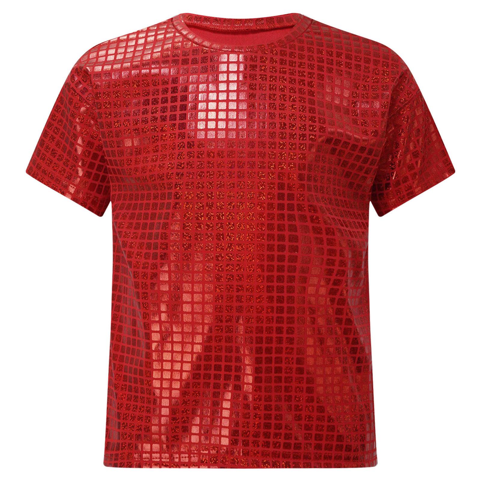 

Unisex Kids Shiny Plaid Sequins T-shirt Round Neck Short Sleeve Cheerleading Dance Top 11-12 Years червоний