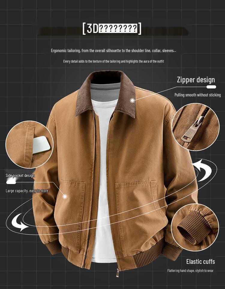 2026 Men's Pure Cotton Lapel Jacket: Trendy American Casual Workwear Style for Spring and Autumn.
