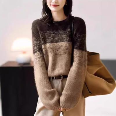 Autumn and Winter New Soft Waxy Color Matching Round Neck Pullover Women's Fashion Casual Loose Inner Bottoming Knitted Sweater