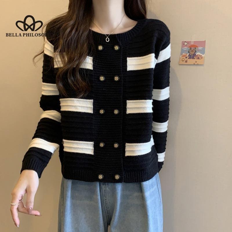 New French Small Perfume Style Knitted Cardigan Sweet Black And White Stripes Long-sleeved Blouse Women Sweater