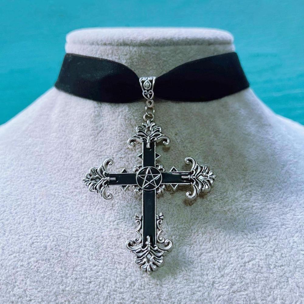 Temperament Gothic Red Drop Glaze Cross Pendant Black Velvet Necklace for Women Halloween Party Choker Jewelry Accessories Gifts