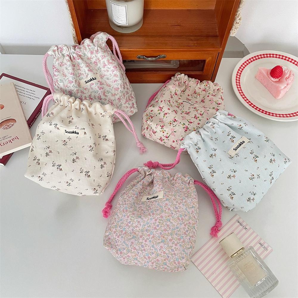 Women Tote Rope String Makeup Bags Organizer Cute Flower Small Lipstick Cosmetic Coin Purse Key Drawstring Storage Bag