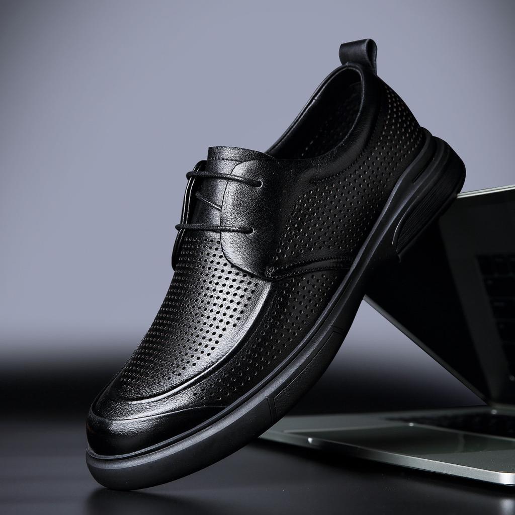 2025 leather shoes summer men's leather high sense derby shoes first layer cowhide breathable hollow leather shoes business leisure trend