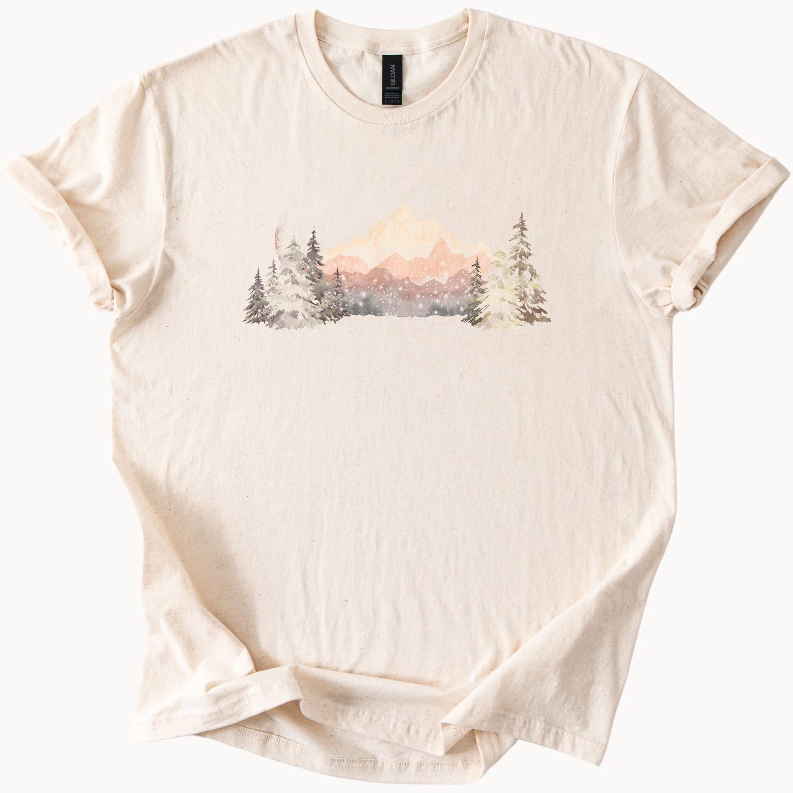Mountain Forest Graphic T Shirt Nature Scene Pastel Sunset Pine Trees Snowy Landscape Outdoors Hiking Adventure Shirt Gift for Her Him 160