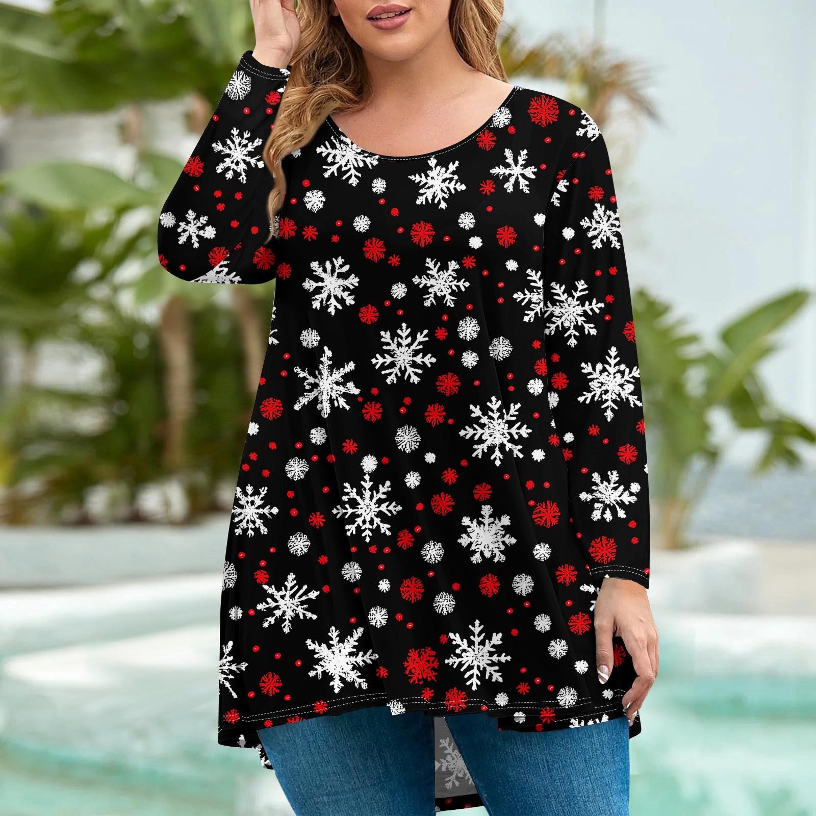 

Женская мода большого размера с круглым вырезом и длинным рукавом, повседневный свободный пуловер с рождественским принтом XXXXL чёрный