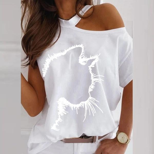 Summer Fashion Women's Cat Cute Printed Short Sleeve Strapless Casual Round Neck T-shirt Plus Size Loose Soft and Comfortable Thin Summer Top Shirt
