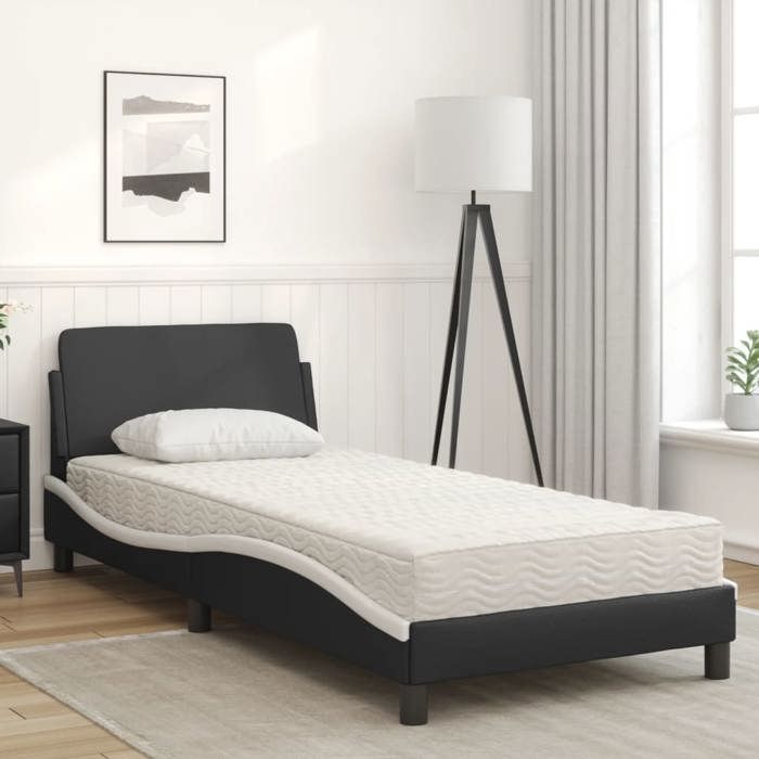 VidaXL Lit avec matelas noir et blanc 80x200 cm similicuir, meuble de chambre à coucher, lit simple, cadre de lit incurvé, 3208302
