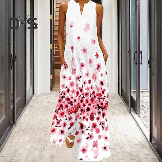 Vestido longo de verão feminino, estampa floral, linha A, solto, sem mangas, com bolsos, tamanho grande, bainha grande, vestido fluido para baile de formatura, banquete diário