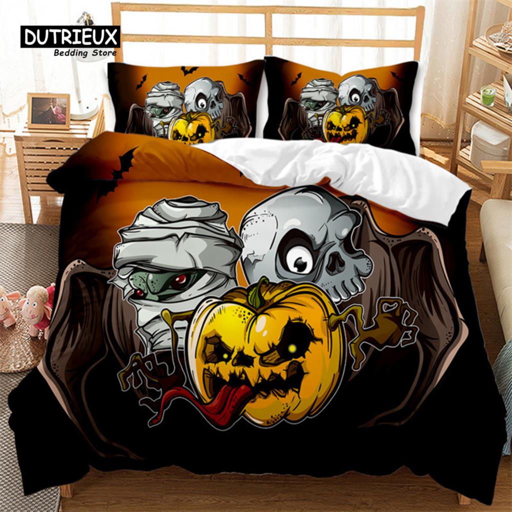 Cartoon Pumpkin Duvet Cover Gothic Halloween Skull Bedding Set Polyester Lantern Ghost Comforter Cover King For Boys Girls Decor