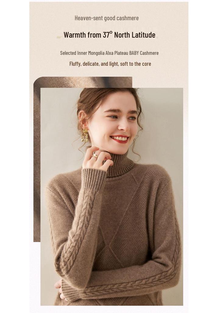 Cashmere Women's High-Neck Diamond Pattern Knit Sweater - Thickened Base Layer for Autumn/Winter Fashion