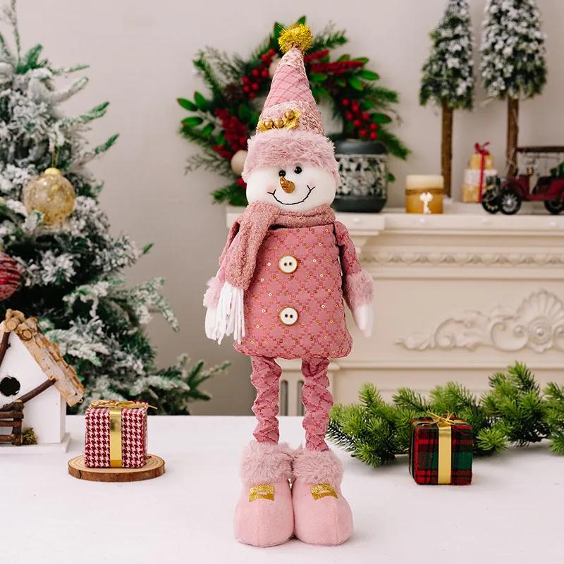 1pc Pink Stretchable Leg Christmas Plush Doll - Festive Snowman, Santa Claus & Reindeer with Golden Accents, Polyester & Metal