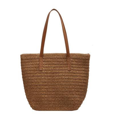 Woven Straw Tote Bag with Leather Handles Large Capacity Summer Beach Bag Women's Casual Handbag Everyday Use