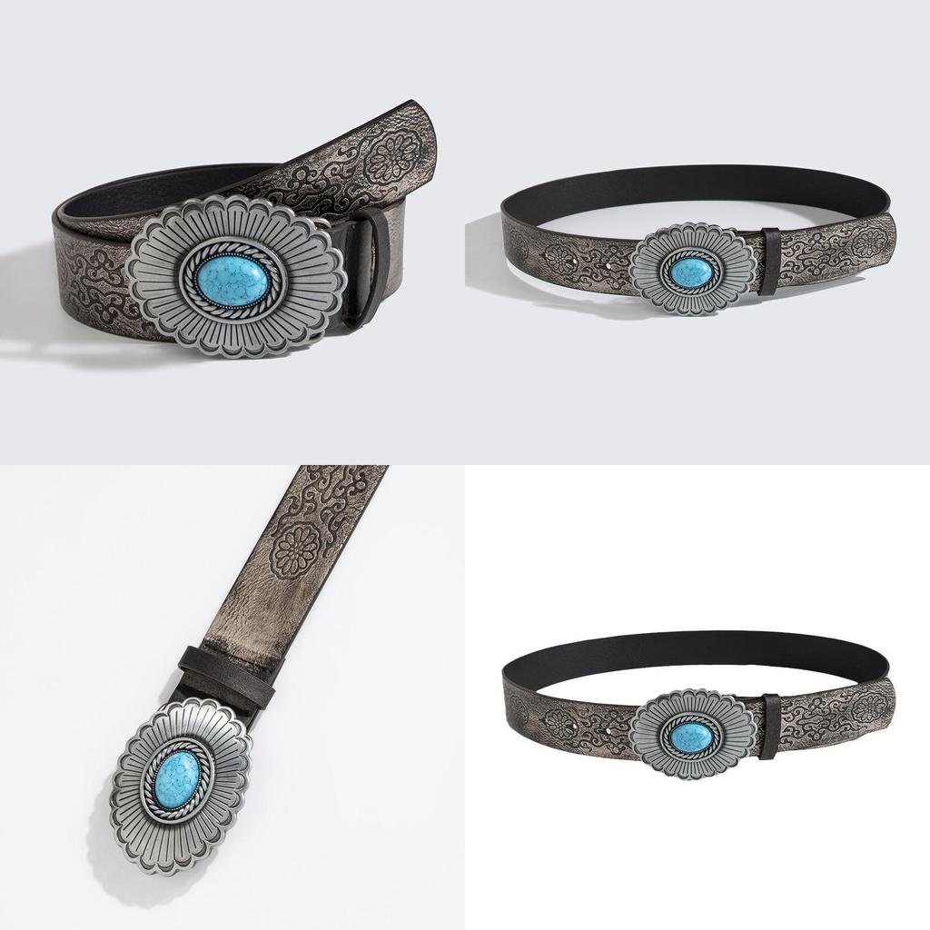 Retro Faux Leather Belt With Dark Embossed Flower Pattern For Girls And Women