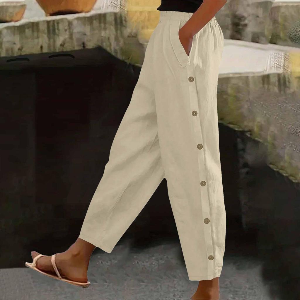 Women's Fashion Side-Button Pocket -Color Mid- Cotton-Linen Blend Relaxed-Fit Trousers