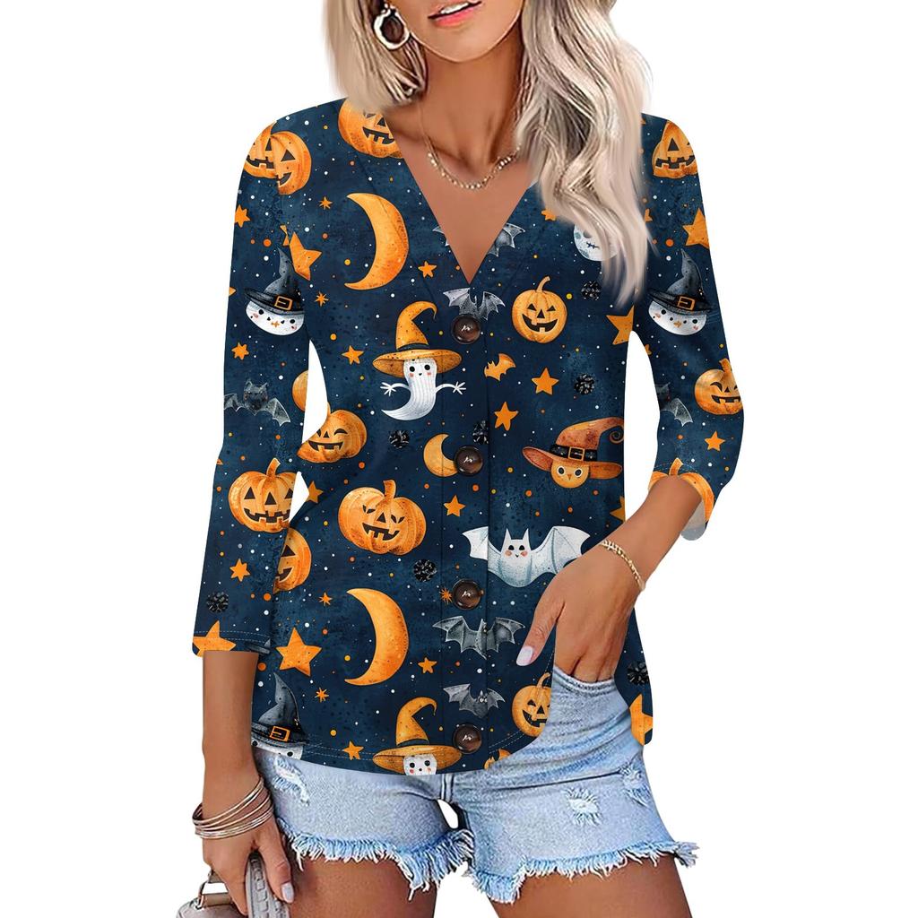 Women's Fashion Casual Print Button-down Shirt 3/4 Long Sleeve Tops