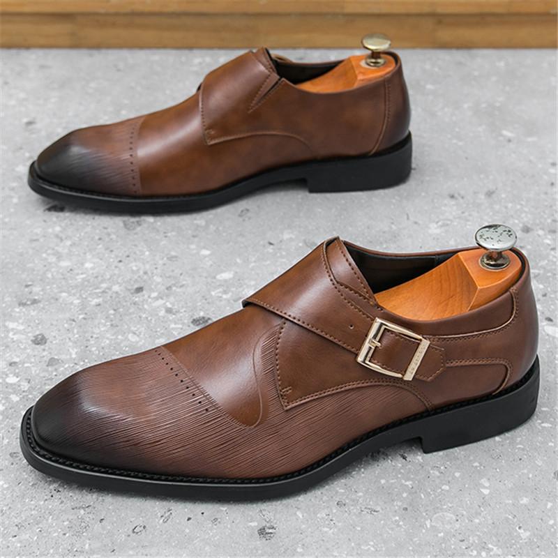 Fashion Black Brown Monk Strap Loafers For Men Trend New Pointed Leather Shoes Male Designer Formal Wedding Dress Homecoming Footwear