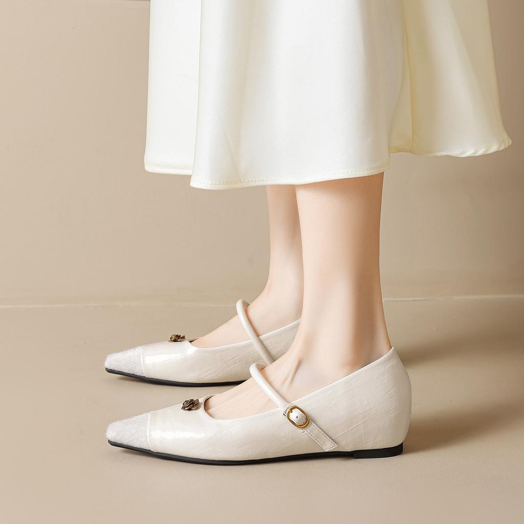 New Model277-5 Inner Height Increase Single Shoes Women'S Small Fragrant Wind Camellia Flat Bottom With French Mary Jane Shoes