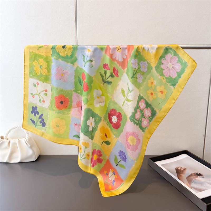 Fresh Oil Painting Style High-end Printed Silk Scarf Imitation Square Versatile Shawl Neck Small Headscarf