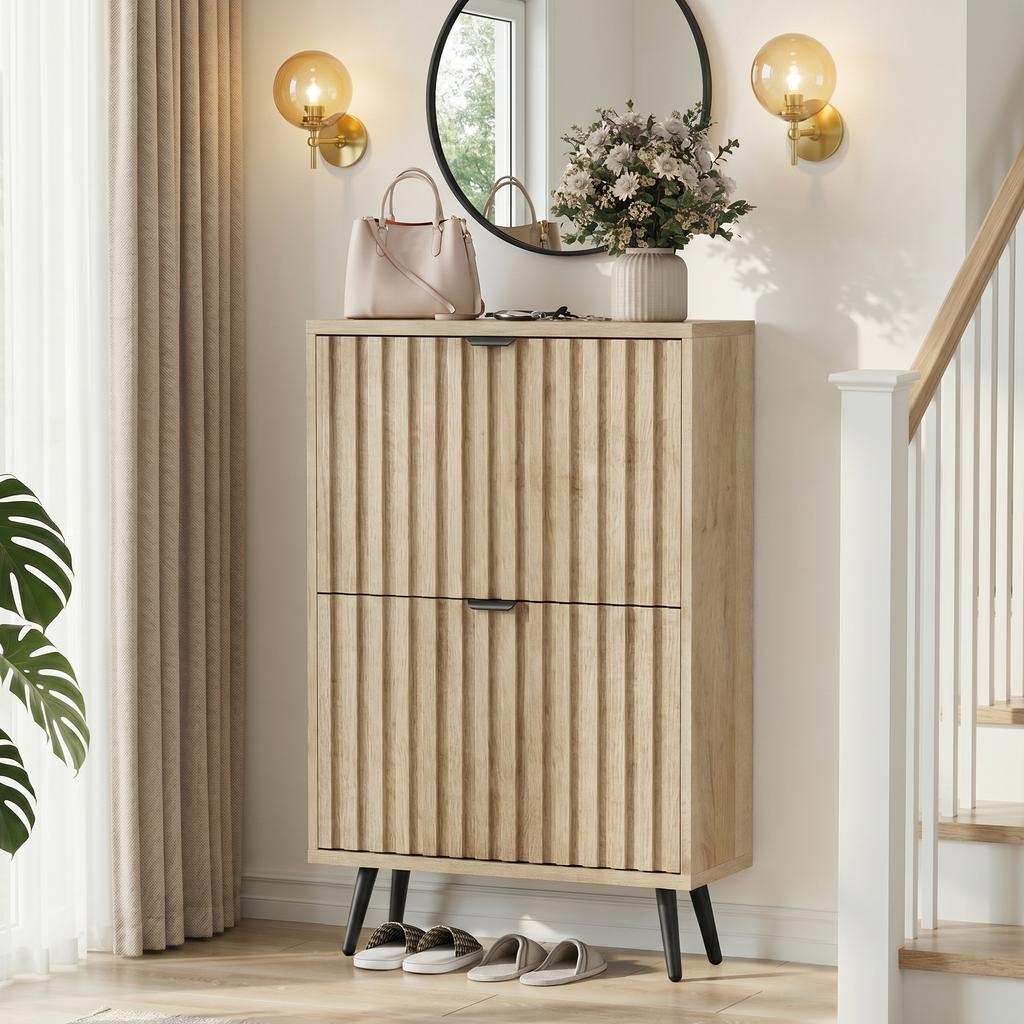 60 Cm Shoe Cabinet In Natural Wood Look, Freestanding, Mid-Century Modern Style, Two Tilt Compartments, Grooved Surface; for Entrance Areas, Foyers