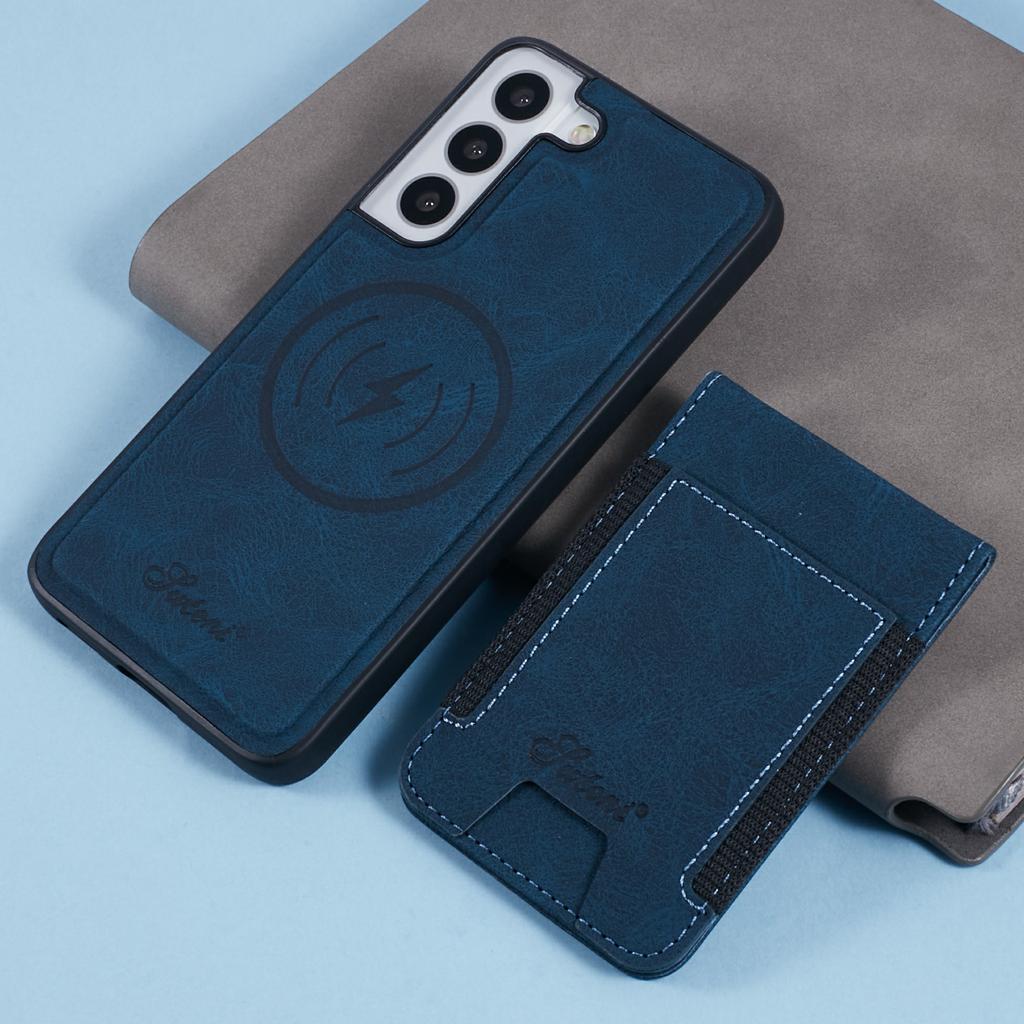 For Samsung Galaxy S22 5G Magnetic Case Card Slots Leather+TPU Kickstand Phone Cover