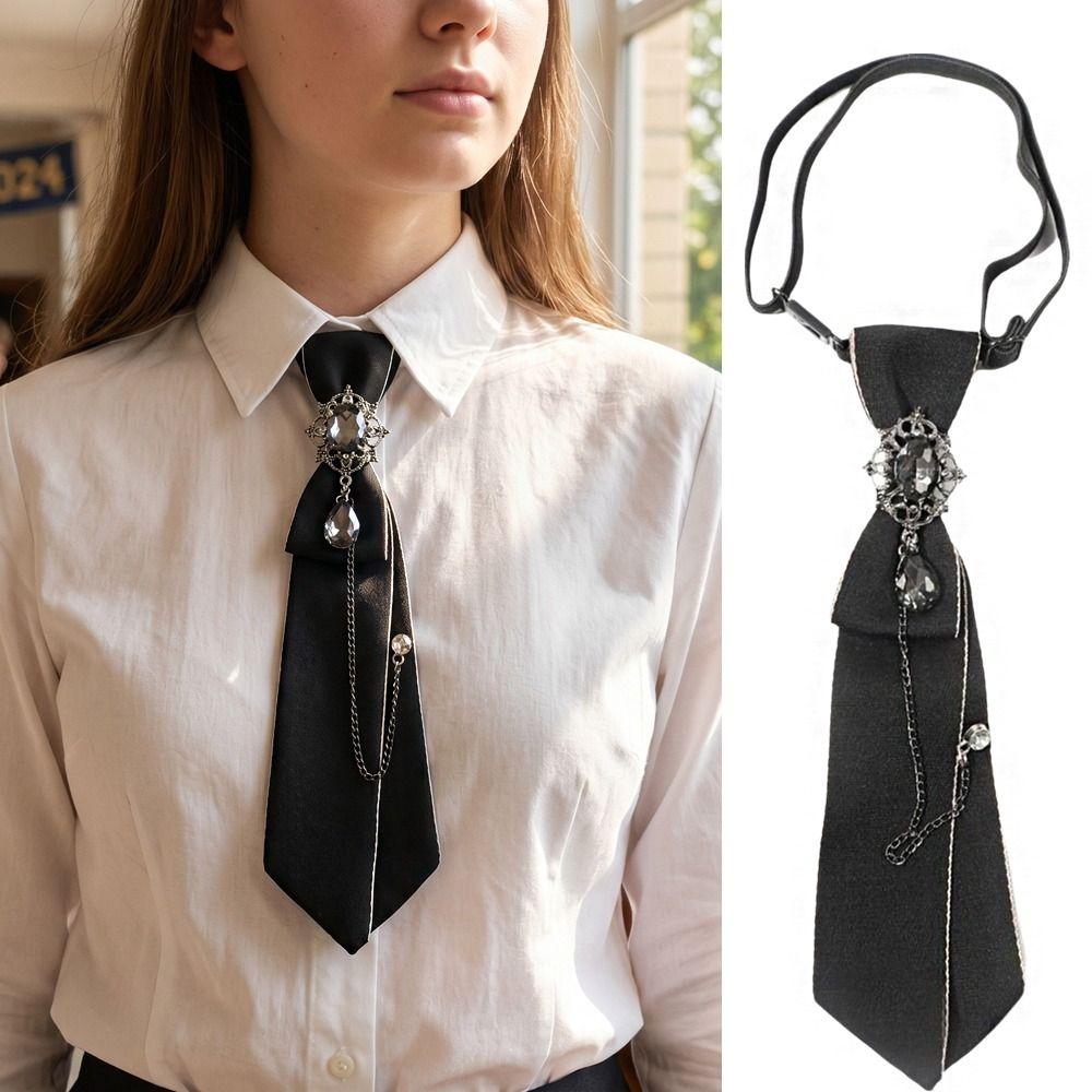 Clothing Decoration Crystal Bow Tie Choker Geometric Pre-tied Tie Long Necklace Metal Chain Brooch Students