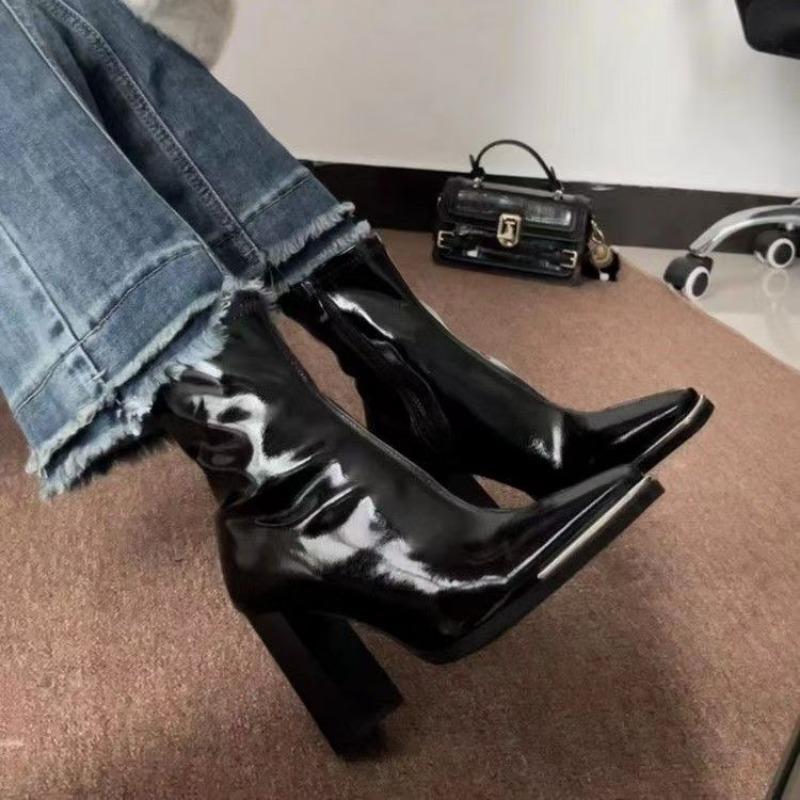 Fashion 2025 New Autumn and Winter High Heel Short Boots for Women Lacquer Leather Coarse Heel Single High End Thin Thin and Short Boots