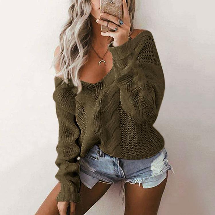 New Style Knit Sweater Solid Color V-neck Twist Pullover Sweater