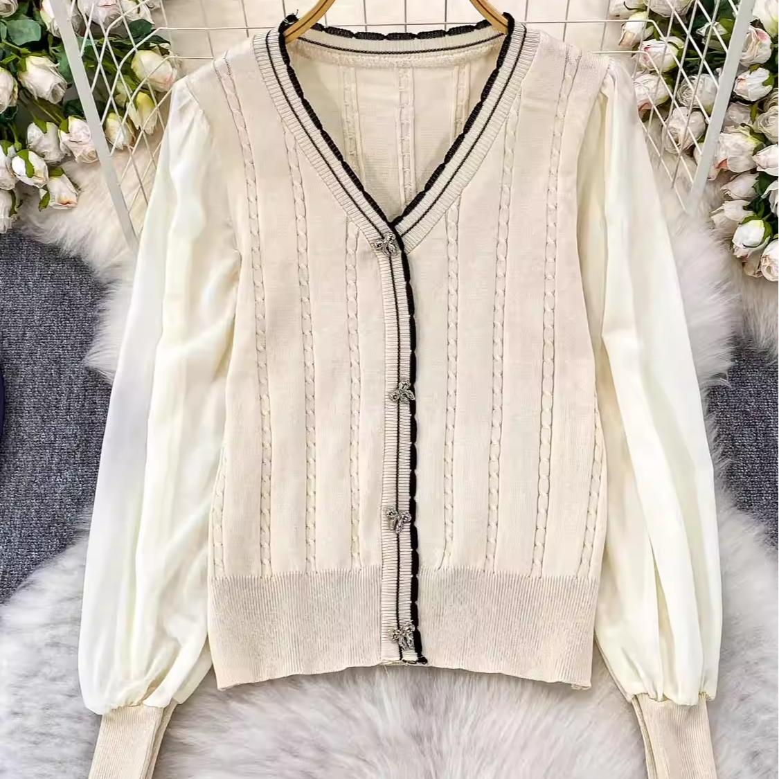 

Осенне-зимняя рубашка с V-образным вырезом и цветными блоками, пэчворк, рукава-фонарики, женственный дизайн, однобортное, свободное вязаное пальто one size абрикосовый