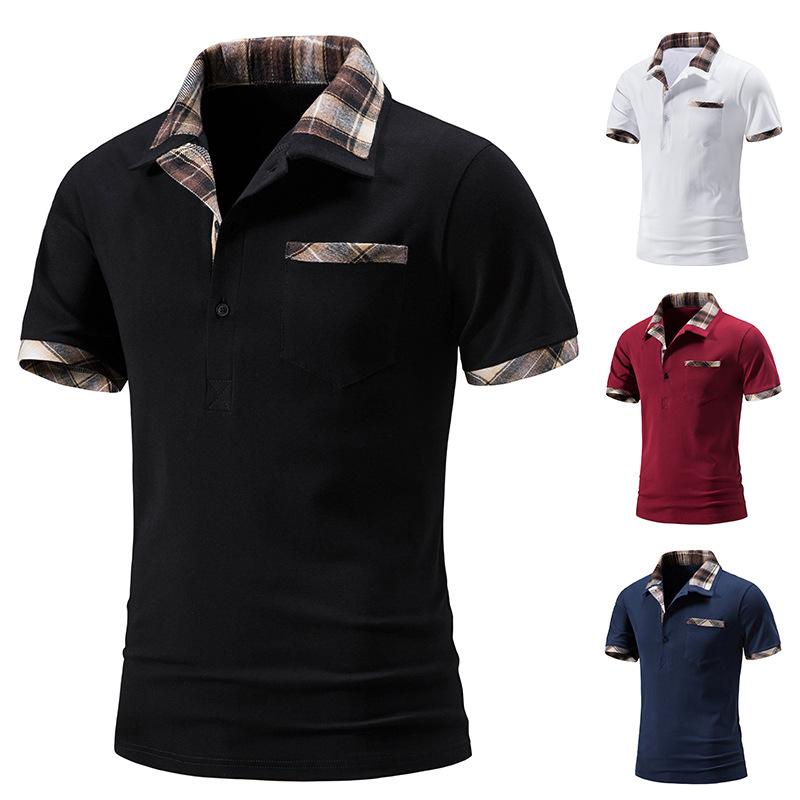 Summer Men's Casual Loose Short Sleeve T-shirt Men's Plaid Color Matching Lapel Polo Shirt