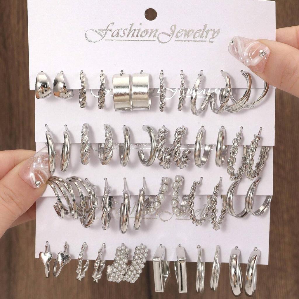 48Pcs/Set Of Fashion Earrings With Various Elements Such As Butterfly, Heart-Shaped, Faux Zircon, Rhinestone, Geometric Design