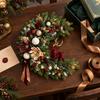 Luxurious Holiday Wreath for Entrance Flocked Christmas with Red Reindeer, Velvet Flocking Hanging Artificial Pine Durable Winter Porch Cones,