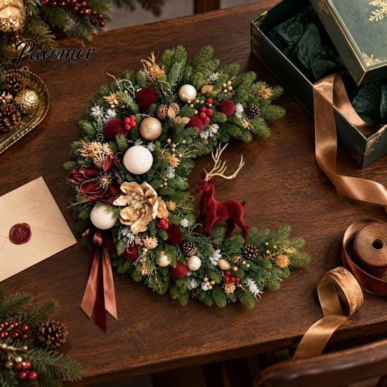 Luxurious Holiday Wreath for Entrance Flocked Christmas with Red Reindeer, Velvet Flocking Hanging Artificial Pine Durable Winter Porch Cones,
