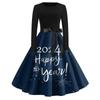 Women's Vintage Classic Dress Long Sleeve 2024 New Year Printed Ound Neck Swing Dress