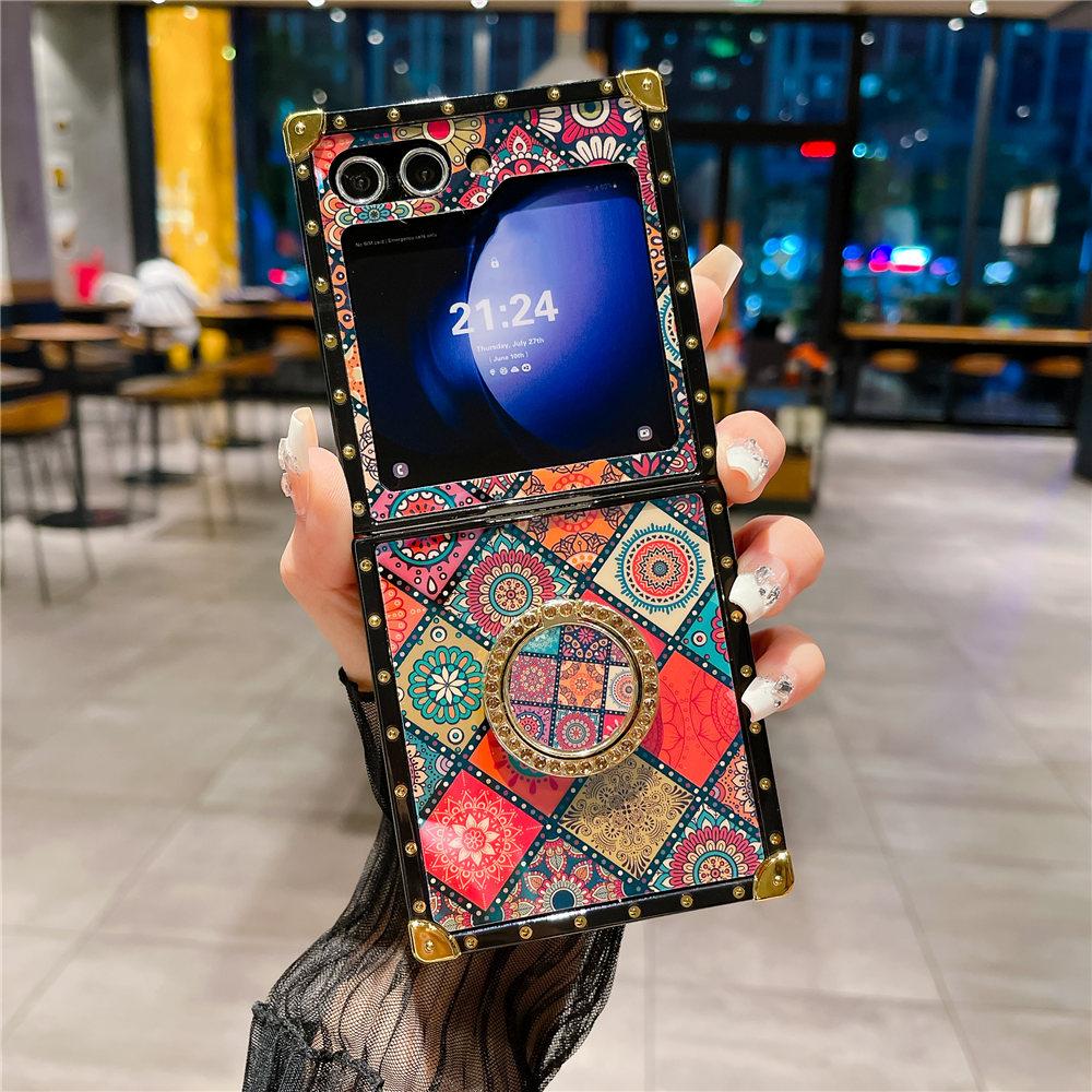 Vintage Ring Holder Stand Flower Leather Case For Samsung Galaxy Z Flip 6 Shockproof Cover