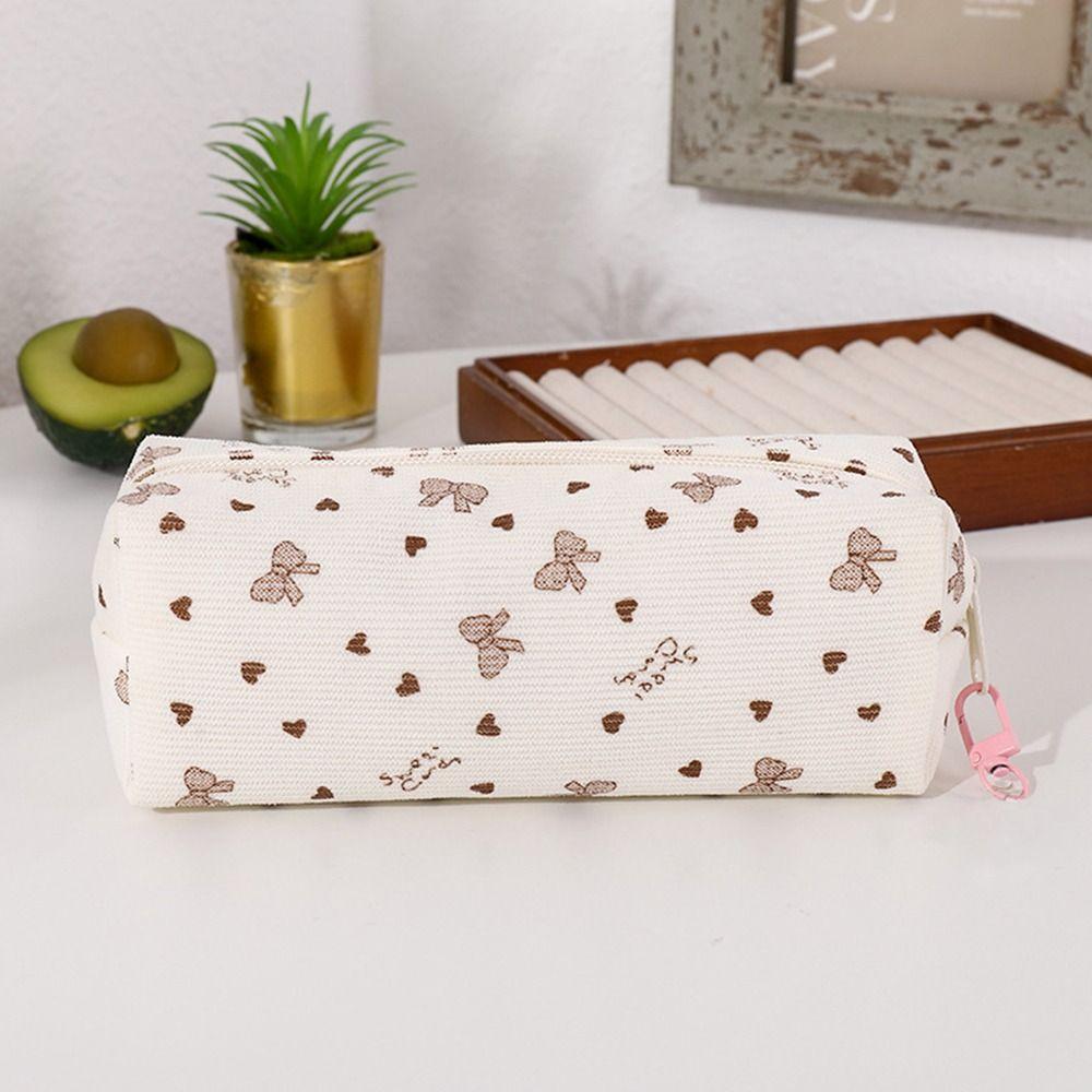 Bow & Heart Print Pencil Case Large Capacity Stationery Bag Simple Pen Bag  Students