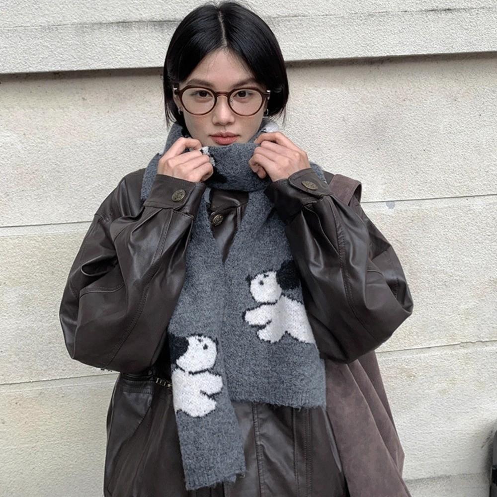 Lightweight Puppy Pattern Scarf Korean Style Knitted Shawl Trendy Cashmere Blend Scarf Unisex
