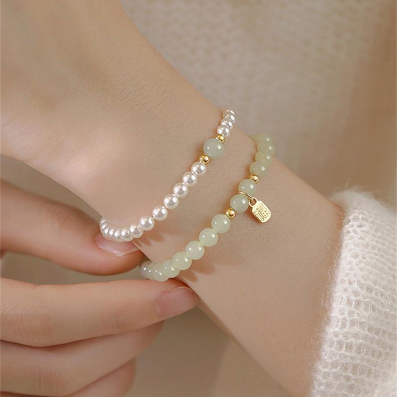 Trendy Pearl Imitation Jade Bracelets Chinese Style Luck Gold Medal Pendant Beaded Bracelet for Women  Jewelry Gift