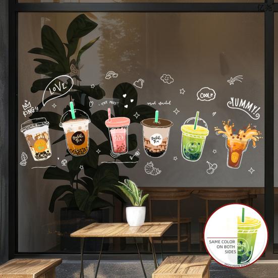 Bubble Milk Tea Window Cling Cafe Milk Tea Static Stickers Removable PVC Boba Tea House Decals for Milk Tea Shops Coffee Shops Bakeries