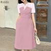 ZANZEA Women Stripe Patchwork Casual Turn Down Collar Summer Short Sleeve Dress