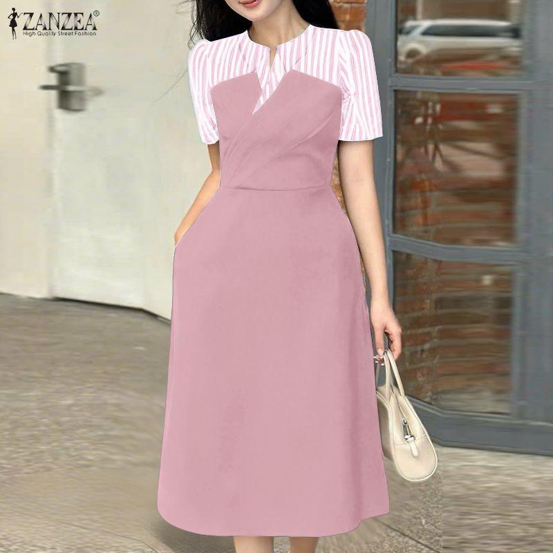 ZANZEA Women Stripe Patchwork Casual Turn Down Collar Summer Short Sleeve Dress