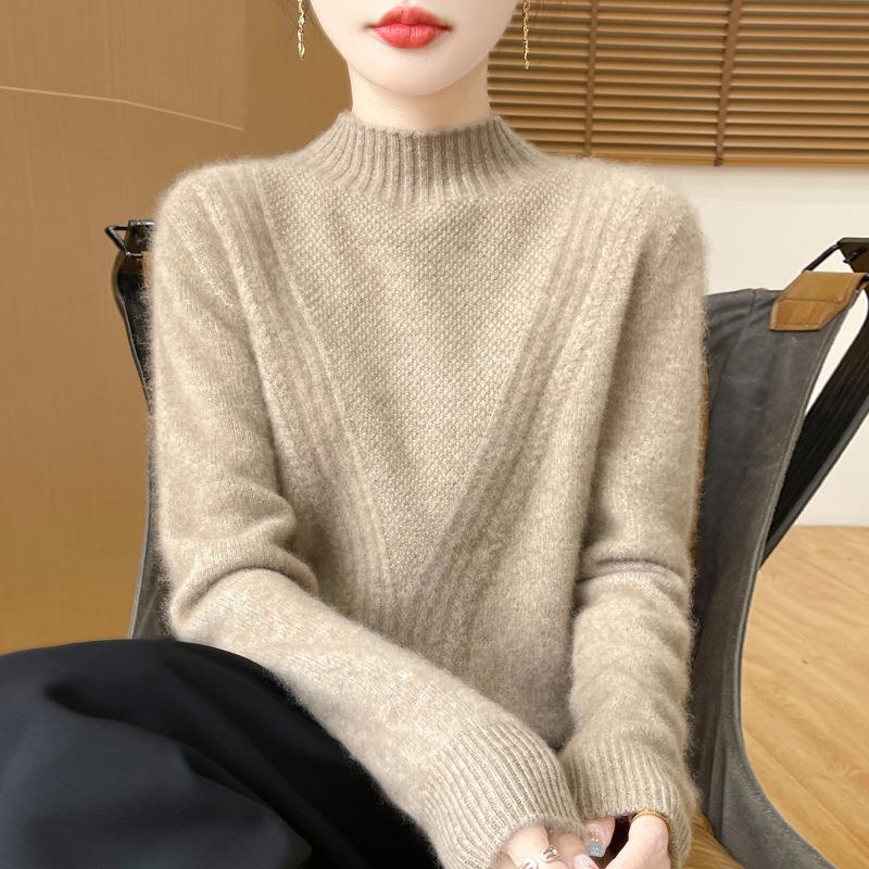 

Осенне-зимний женский свитер из 100% шерсти с высоким воротником и кабельной вязкой - Свободная, универсальная верхняя одежда XL (130-155 lbs)