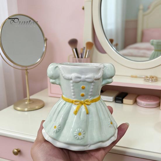 Multipurpose Storage Box Bow Dress Pencil Cup, Ceramic Desk Organizer, Cute Makeup Toothbrush Holder Brush for Girls Room, Office Gift Women Pen