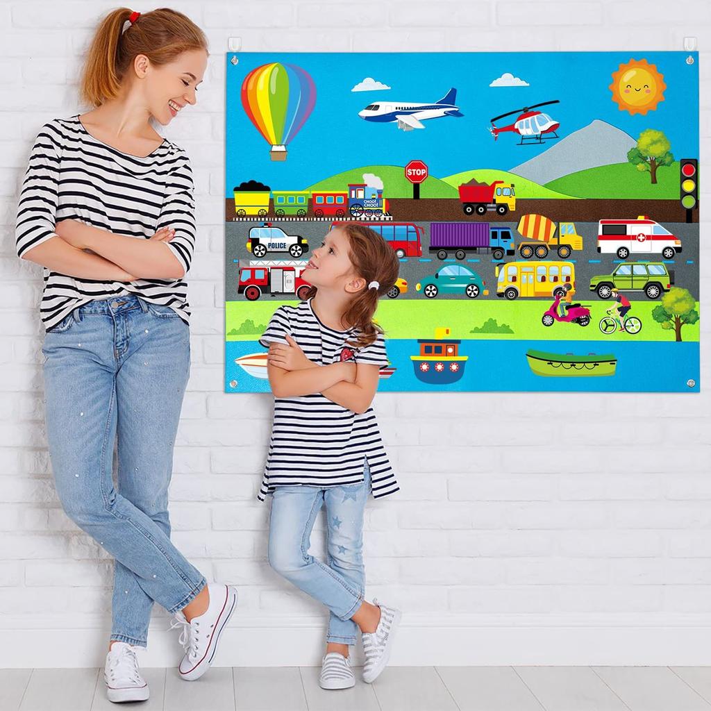 Fahrzeug-Filz-Geschichtentafel, Baby-Montessori-Spielzeug, Transportthema, Geschichtenerzählen, frühes Lernen, interaktives Spielset für Kleinkinder